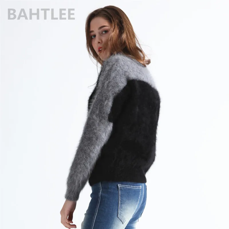 BAHTLEE-Women's Angora O-Neck Sweater, Knitted Pullovers, Multicolor Geomtric, Keep Warm, Loosefir, Thick, Autumn, Winter