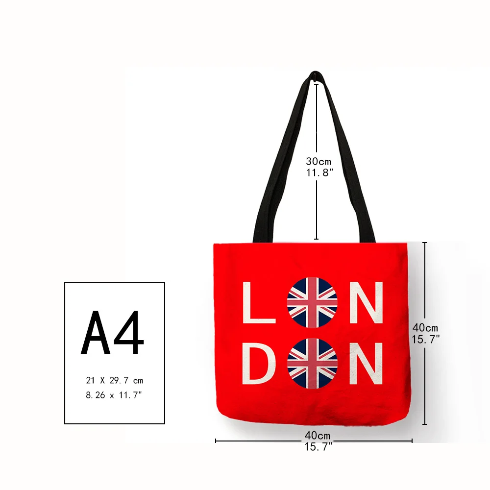 Borsa Tote fatta a mano di colore rosso brillante lettera London mosca borsa stampata borsa da Picnic pieghevole da viaggio in lino di buona qualità