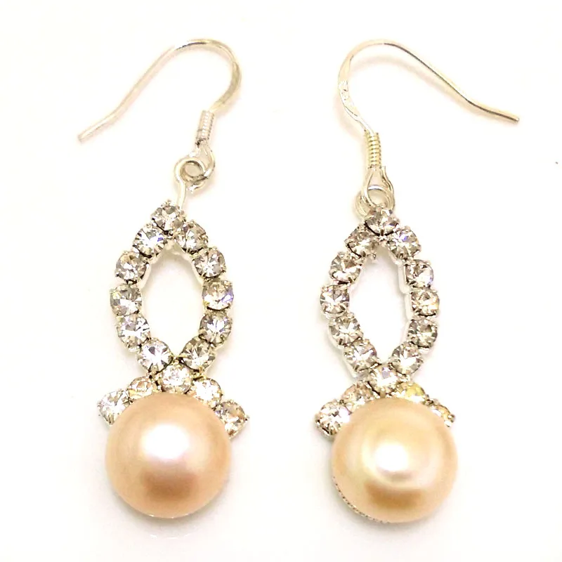 1.5 inches Zirconia 10-11mm Natural Pink Button Pearl Hook Earring with 925 Silver Hook