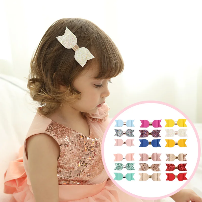 Boutique 12Sets 3in1 Fashion Glitter Bow Hairpins Solid Leather Bowknot Hair Clips Hair Accessories Princess Hair Accessories