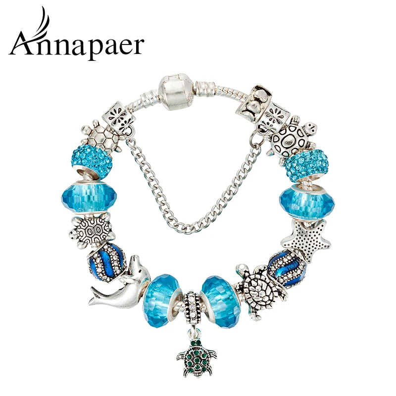 ANNAPAER 2023 Blue Turtles Trollbeads Vintage Charm Bracelets For Women Crystal Beads Pulseras DIY Jewelry Dropshipping B17015