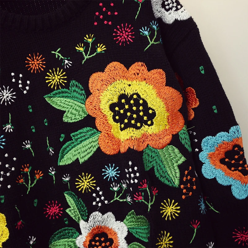 Autumn Winter Luxury Runway Fashion Knitted Sweaters Long Sleeve Floral  Embroidered Casual Pullover tops Female