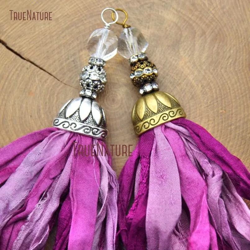 Fashionable Necklace Pendants Fushia Shades Colors Sari Silk Tassel Copper Caps Beads For Jewelry Making In 6.8 inch PM10539