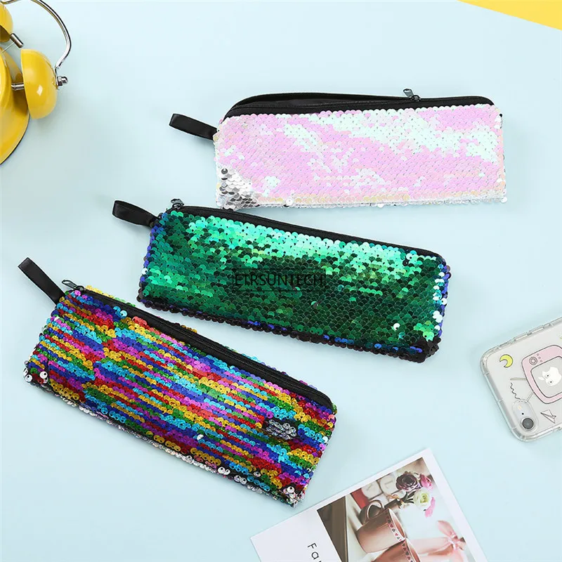 300pcs Mermaid Sequins Women Makeup Pouch Cute Pencil Case For Student Zipper Clutch Handbag Cosmetic Storage Makeup Bag F2167