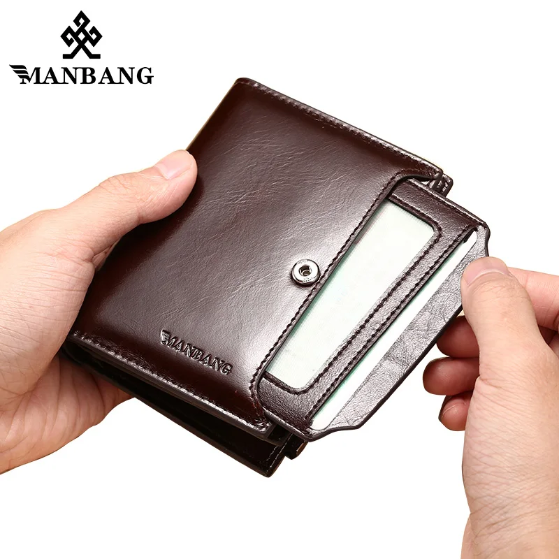 ManBang Genuine Leather Men Wallets Fashion Trifold Wallet Zip Coin Pocket Purse Cowhide Leather man wallet high quality