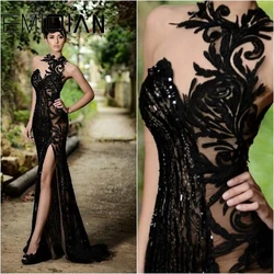 Impresionantes vestidos de noche de encaje negro con cuello redondo, vestido de desfile formal largo de encaje exquisito, vestidos de noche transparentes con espalda de sirena sexy