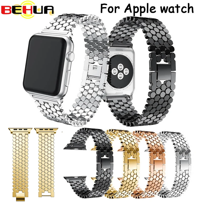 Fashion Scales lines Watchband Link buckle Octagon Stainless Steel Strap bracelet band For Apple watch 38mm 42mm Series 1/2/3