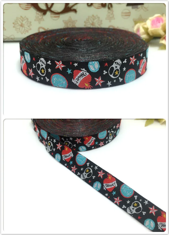 2014 NEW 5/8'' 16mm  Wide 10yard/sets Skull Tattoo Black Tone Woven Jacquard Ribbon For Dog Collar KTZD201120601