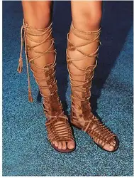 New Flat With Sandals Boots Woman Sexy Suede Knee High Lace-up Gladiator Boots Peep Toe Comfort Summer Casual Shoes Boots