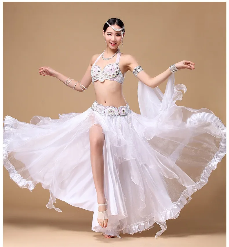 2019 New Stage Performance Belly Dancing Costumes 3 Pieces Eastern Style Sequined Beaded Top Belly Dance Bra Belt and Skirt