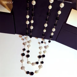 Fashion Black White Colors Bead Long Necklaces For Women Imitation Pearl Necklace Gold Color Metal Sweater Chain Necklace