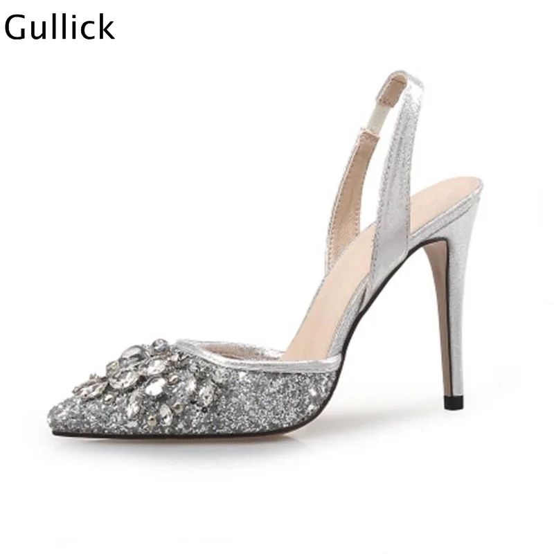 

Fashion White Crystal Bling Bling Sequined Cloth Woman Pumps Sexy Pointed Toe Slingback Thin Heels Woman Wedding Dress Pumps