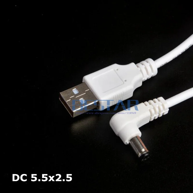 White DC Elbow Power cable Plug USB To DC 5.5*2.5 5.5*2.5mm 5.5mm x 2.5mm 5.5x2.5mm Jack Right Angle L shape charge Cable 1M