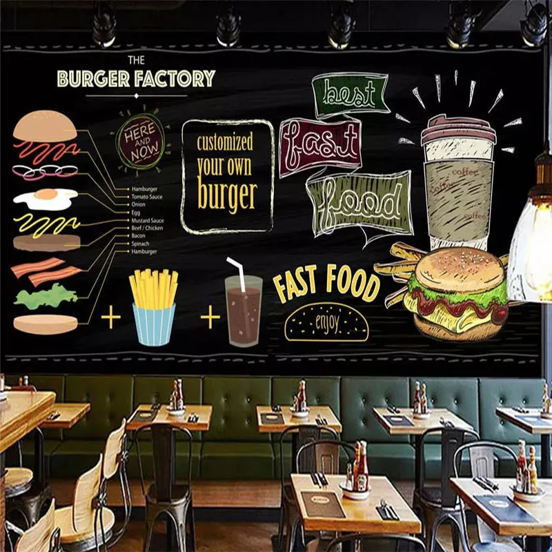 Hand-painted burger fast food restaurant background professional production mural photo wallpaper size can be customized