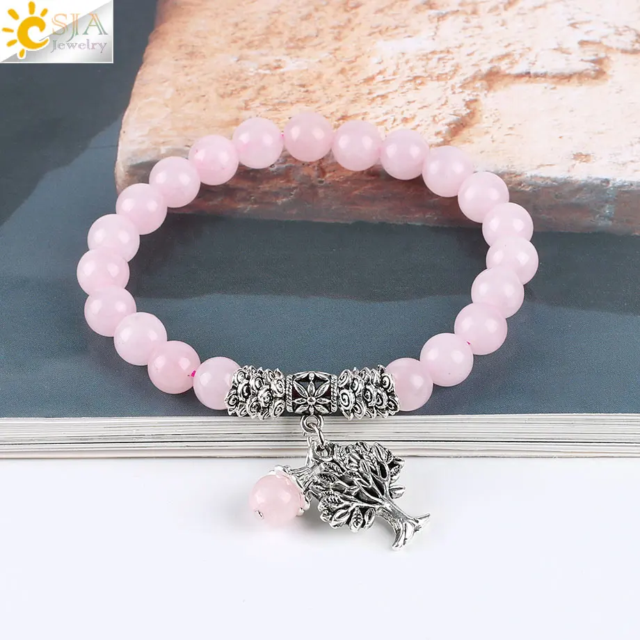 CSJA Reiki Pink Quartz Diffuser Bracelet Natural Crystal Gem Stone Mala Beads Tree of Life Charms Meditation Ethnic Jewelry E723