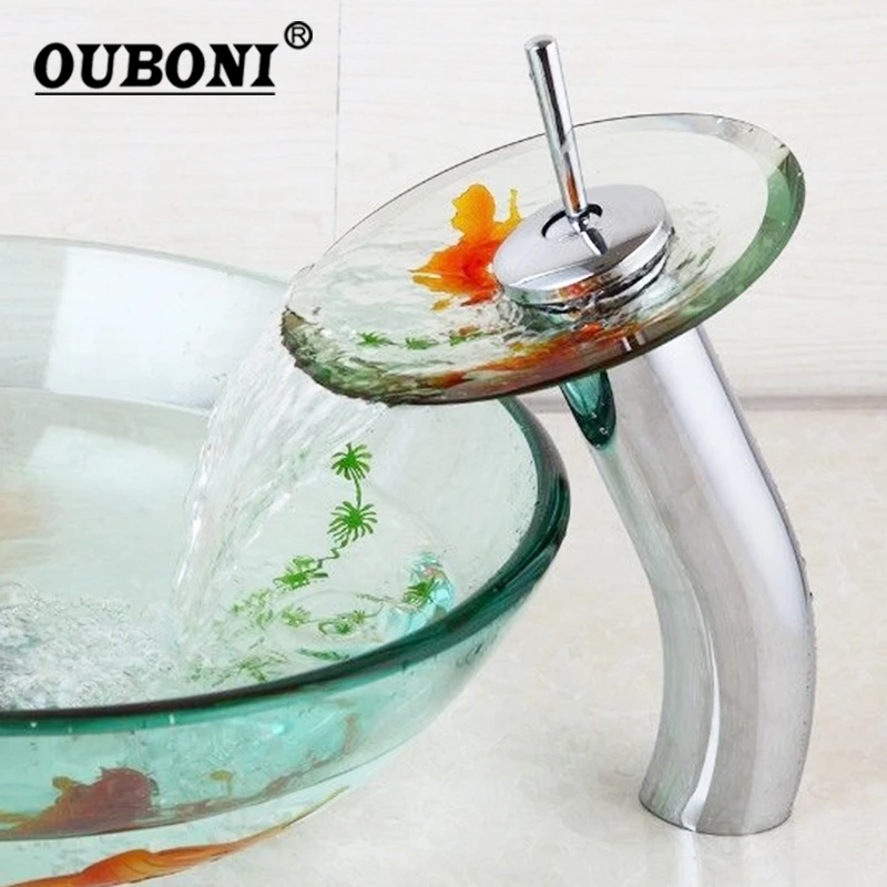 

Water Tap Goldfish Design Chrome Brass Transparent Tempered Glass Waterfall Faucet Glass Bathroom Sink Tap Mixer Faucet