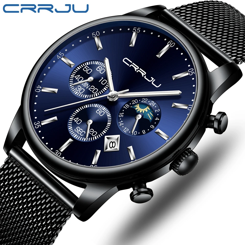 Relogio Masculion CRRJU Men Top Luxury Brand Military Sport Watch Men's Quartz Clock Male Full Steel Casual Business Male Clock