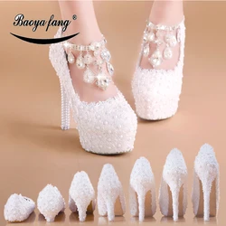 BaoYaFang New Arrival White Lace wedding shoes with strap High heels platform shoes for woman Ankle strap shoes Belt