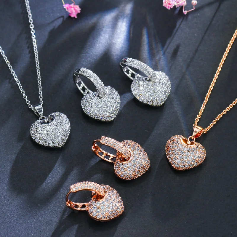 CWWZircons Micro Pave Zirkon Roségoldfarbene Herz-Ohrringe & Halskette, Schmucksets bekannter Marken für Damen, Großhandel T0017 – Detail 7