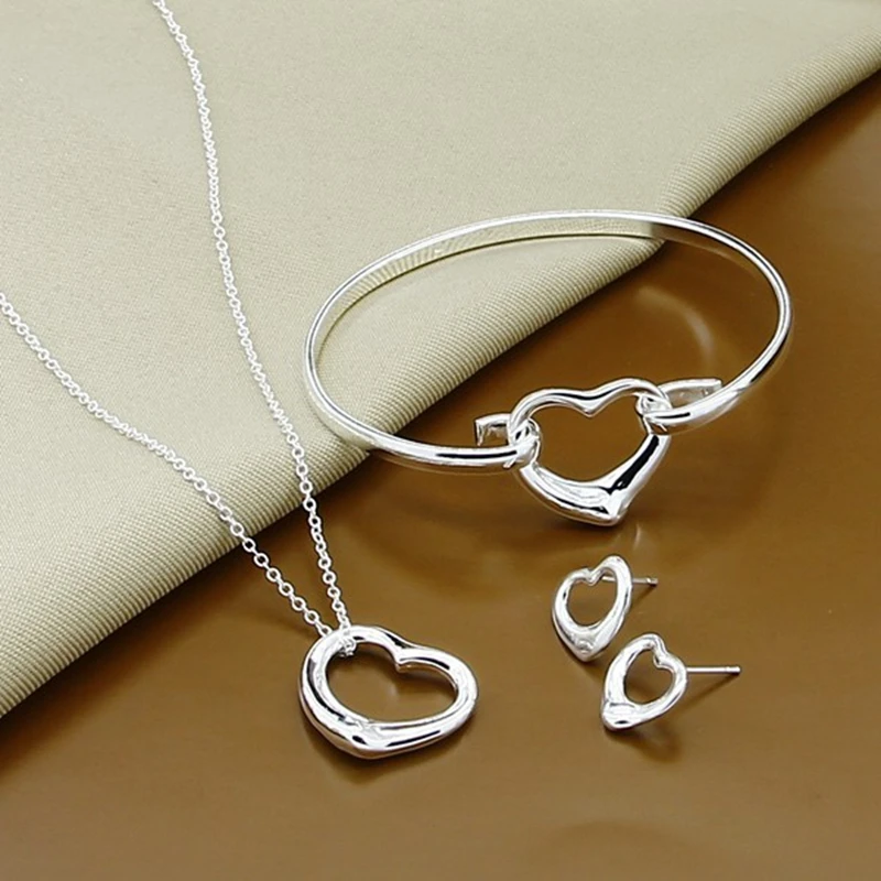 

925 Sterling Silver Jewelry Set Fashion Simple Heart Love Stud Earring/Necklace/Bangle for Women Girl Birthday Gift