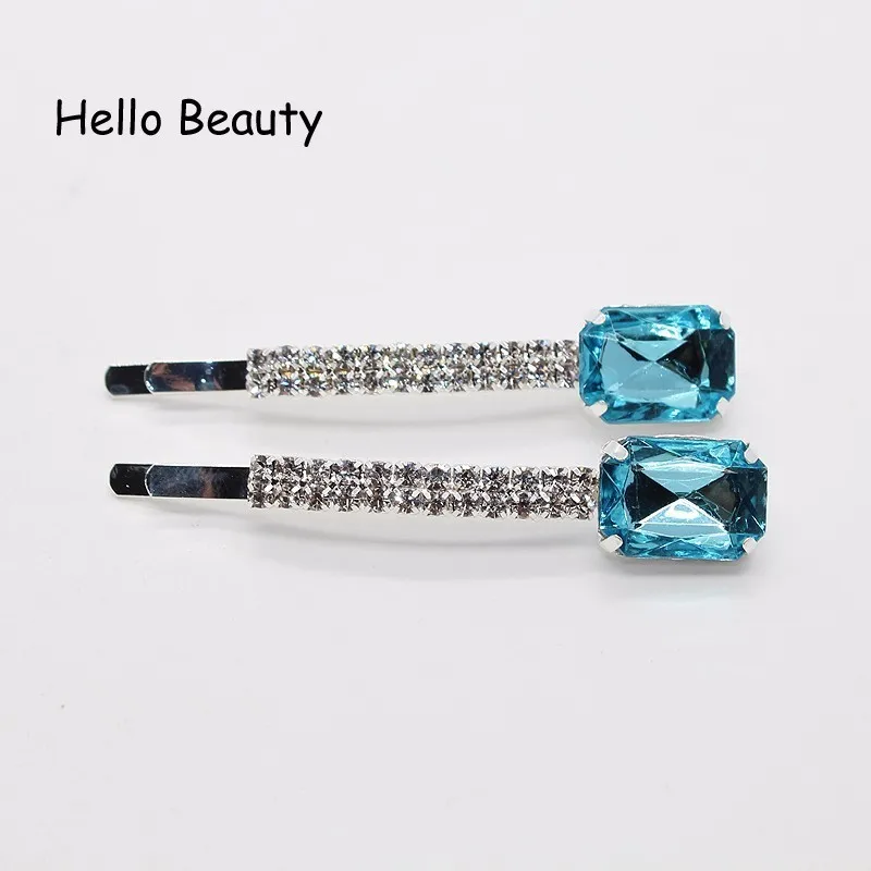 1 Pair Trendy Hair Accessories Luxury Sky Blue Crystal Bling Hair Barrette Square Stone Rhinestone Hair Clips For Women Girls