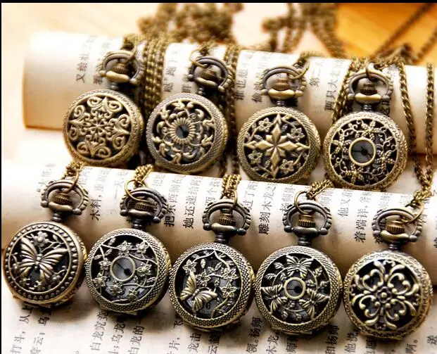 Wholesale 12 pca/lot Vintage Bronze Small Flower Pocket Watch Necklace, 12 design mixed gift