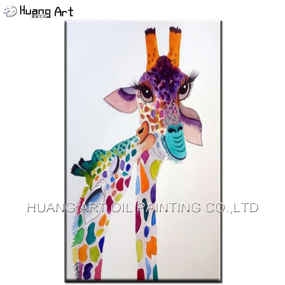 Hand Painted Contemporary Animal Oil Picture Color Piece Kiss Giraffe Oil Painting on Canvas for Children Room Decor Painting