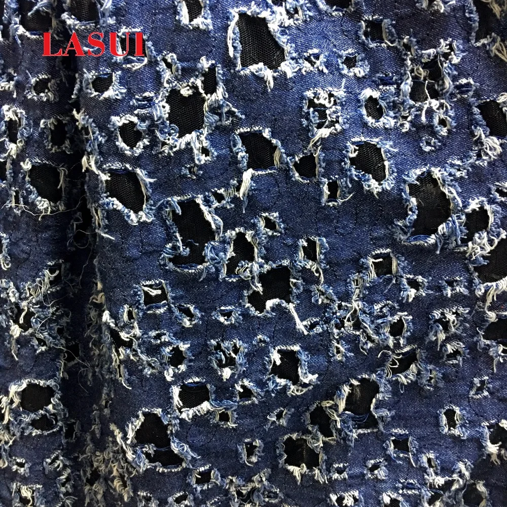 LASUI 2017 New product 3 yards =1 lot  Cotton denim embroidery mesh lace hollow 3D Creative perspective fabric DIY dress X0279