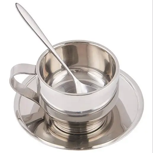 New 120ml high quality stainless steel coffee cup saucer and spoon set stainless steel double wall coffee mug