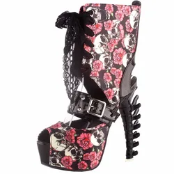 LF80663 SHOW STORY Punk Skull Rose Print Stud Buckle Lace-UpPlatform Bone Heel Club Ankle Bootie Sandals