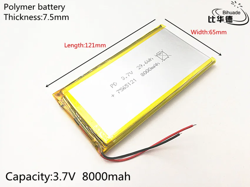 3.7 V 8000 mAh 7565121 bateria litowo polimerowa bateria li-po akumulator litowo jonowy akumulator baterie do Mp3 MP4 DIY PAD DVD