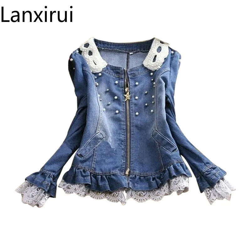 

Fast Shipping Best Selling !!Wholesale And Retail Ladies Lace Jeans Coat Pearl Collar Women Denim Jacket Female Cowboy Wear