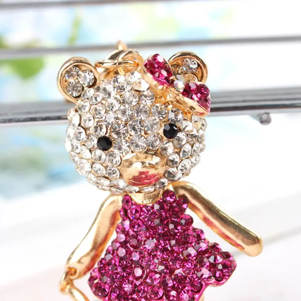 Bear Mother Hold Baby Rhinestone Crystal Charm Pendant Handbag Purse Bag Car Key Chain Birthday Gift