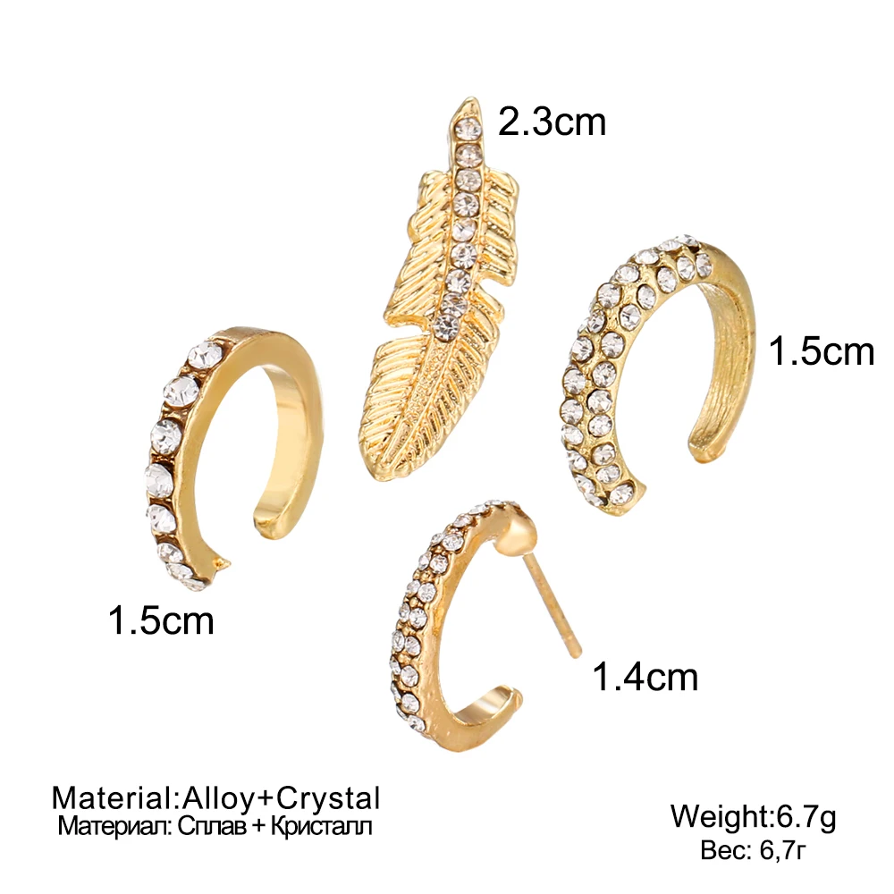 4pcs/set Bohemian Crystal Feather Stud Earrings for Women Vintage Gold Color Ear Cuff Ethnic Small Earrings Party Jewelry Gift