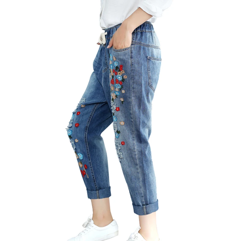 Flowers Women Jeans Large Size Women\'s Autumn Casual Embroidery Pants Loose Thin Nine Ripped Pants Jeans for Women