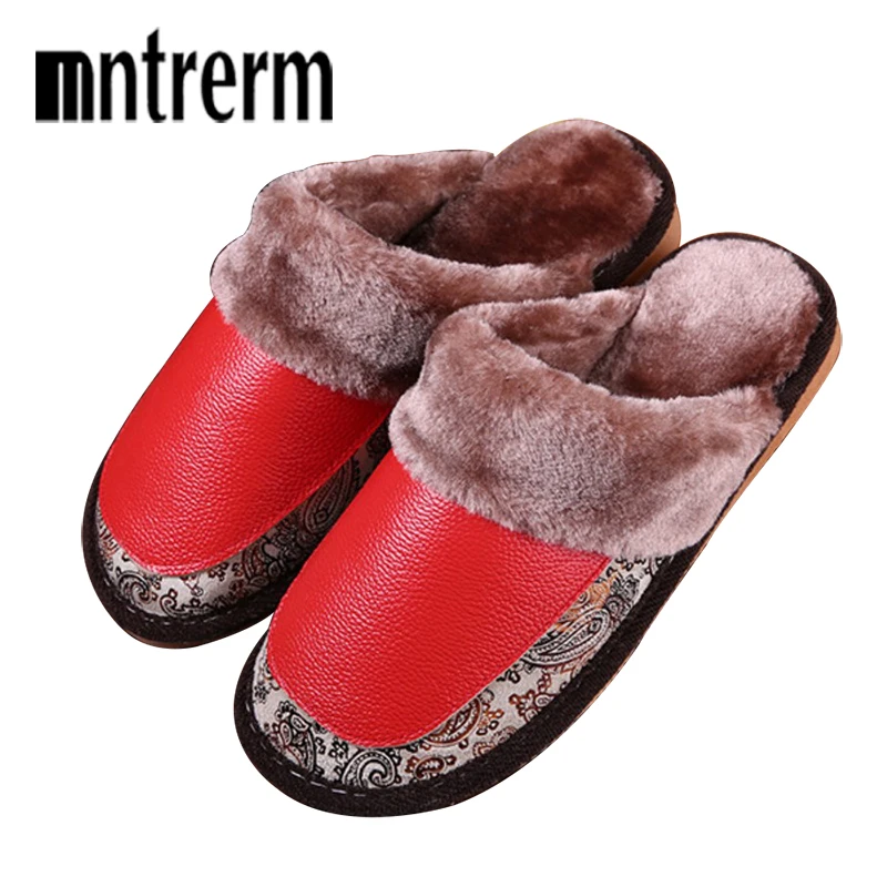 Mntrerm 2020 New Genuine Leather Home Slippers High Quality Winter Women Slipper Plush Warm Indoor Shoes Lovers Leather Slippers