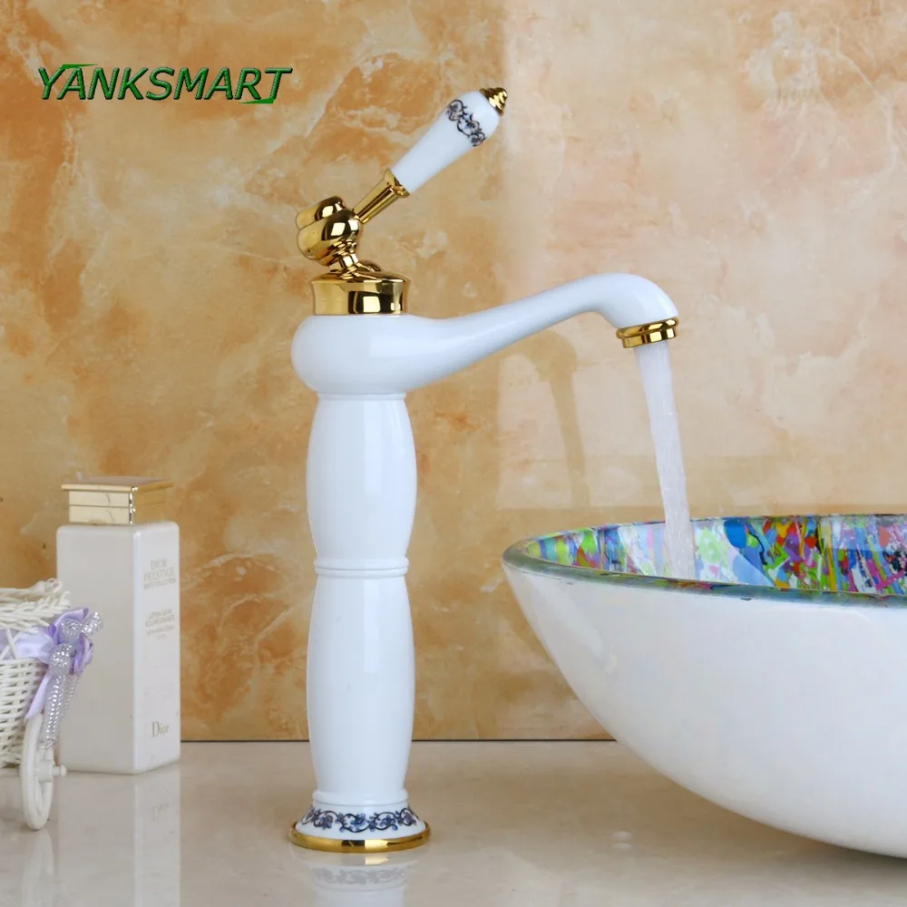 

YANKSMART Bathroom Basin Faucet Single Handle Golden Ceramic Basin Sink Bathroom Deck Mount Single Hole Ceramic Faucet Mixer Tap