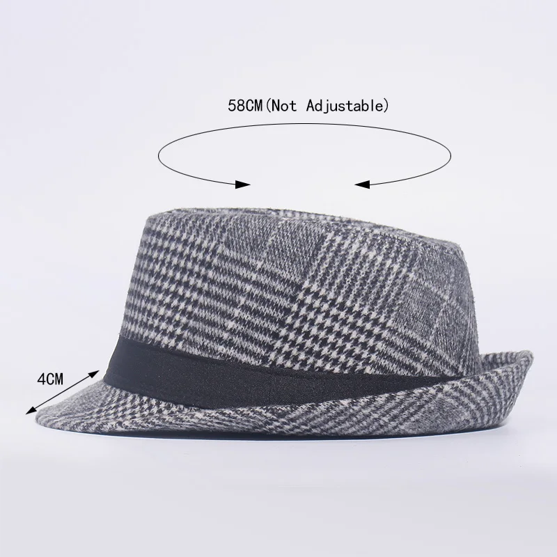 Brand Retro Fedora Hat Faux Woolen Felt Mens Winter Jazz Cap Outdoor Gentleman Top Plaid Pattern Hats Derby Chapeau Fedoras