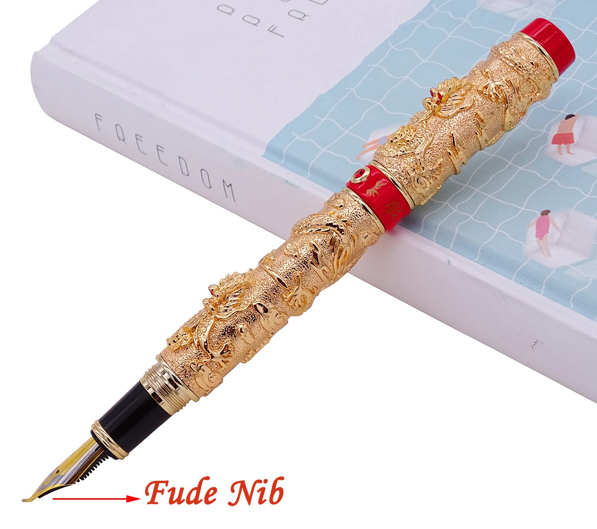 

Jinhao Vintage Gold-Red Ring Fountain Pen Double Dragon Calligraphy Fude Nib Metal Carving Embossing Heavy Gift Pen Collection