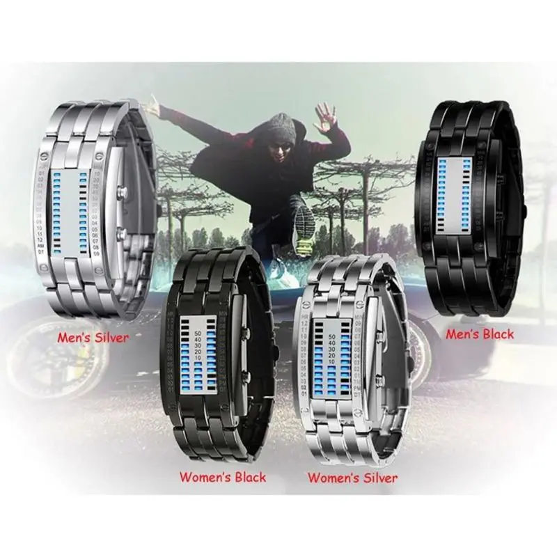 Future Technology Binary Black Stainless Steel Couple Watch Date Digital LED Bracelet Sport Watches