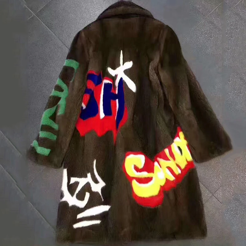 Ftangaiur 冬用レディースジャケット 輸入ミンクファーコート スリム ターンダウンカラー プリントミンクコート エクストラロング 本物のミンクファーコート