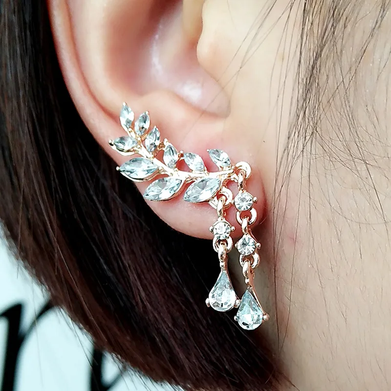 Women\'s Leaves Tassel Crystal Earrings Zircon Stud Earrings Alloy Ear Jewelry Factory Wholesale Earrings For Women Brincos