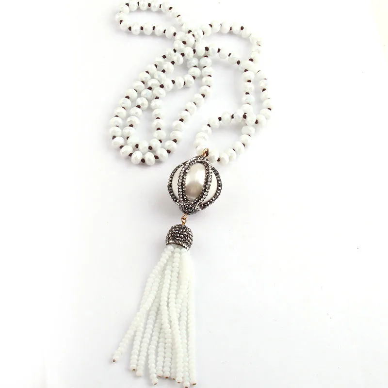 Fashion Bohemian Tribal Jewelry Black/White Crystal Glass Knotted Handmake Paved Big Ball and Tasse Necklaces