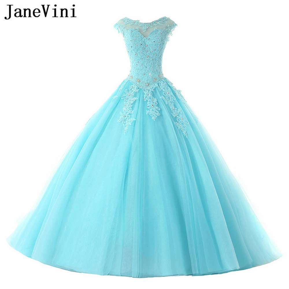 Janevini 2019 Bola Elegan Gaun Tulle Panjang Quinceanera Gaun Cap Lengan Appliques Beaded Backless Sweet 16 Turquoise Gaun