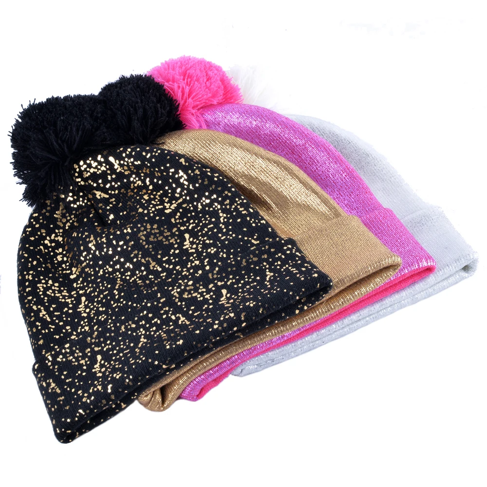 TQMSMY Female winter Knitted Skullies Women\'s beanies hats for women knitted Golden shiny pompom ski gorros caps hats TMC36