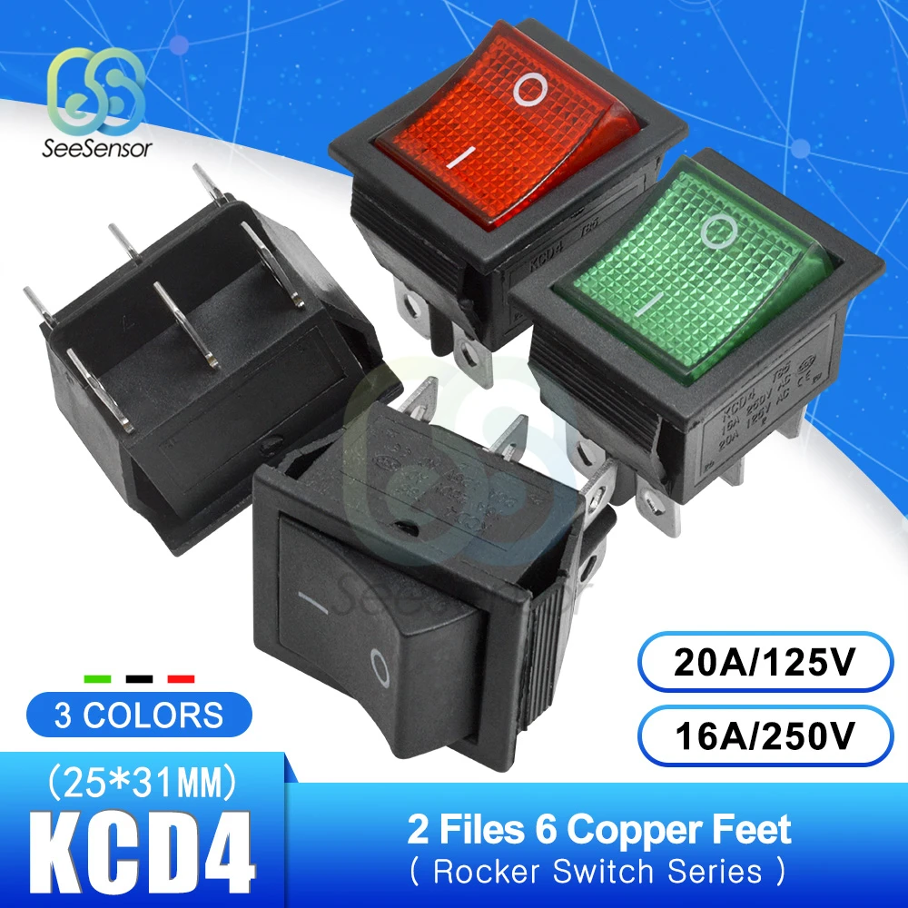 هزاز معدات كهربائية مع مفتاح طاقة خفيف ، KCD4 ، تشغيل ، موقعان ، تشغيل خارج ، 3 موضع ، 4 دبابيس ، 6 دبابيس ، 16A ، 250VA ، 5