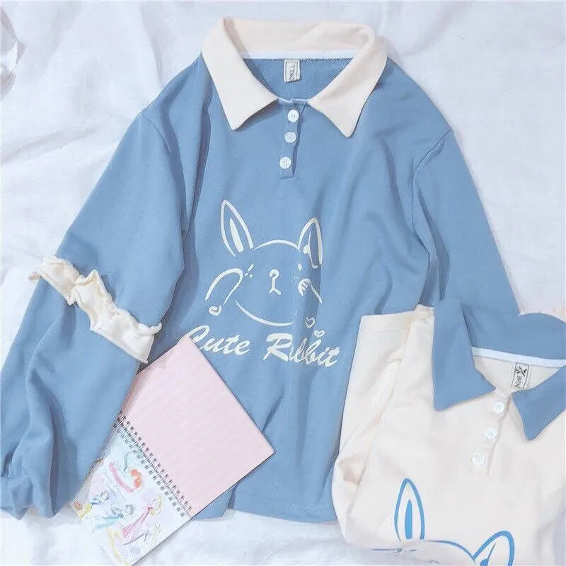 Hoodies gráficos de coelhinho kawaii para mulheres, kawaii, manga comprida, roupa plissada, kawaii, vintage, meninas macias, coelho fofo