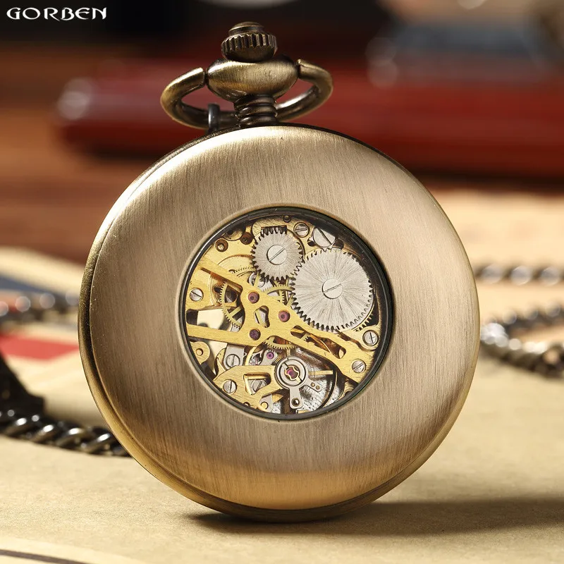 Retro Kayu Lingkaran Skeleton Pocket Watch Pria Wanita Unisex Mekanik Tangan Berliku Vintage Roman Angka Kalung Steampunk Watch