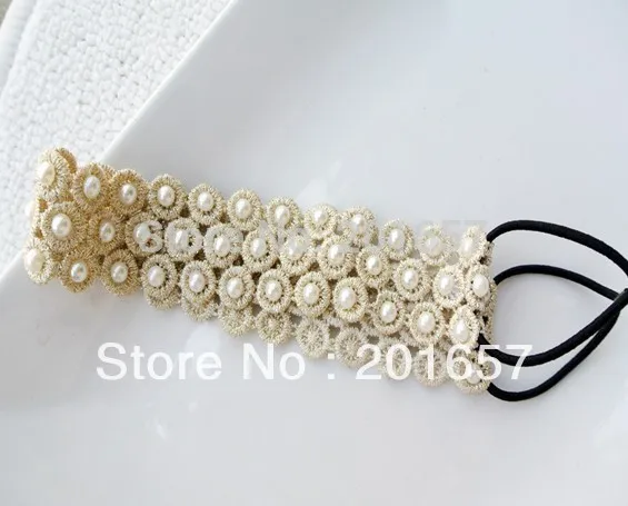 Romantic pearl 3cm Lace elastic headband for hair Wholesale fashion bohemian lace with pearl handmade elastic hairband headband