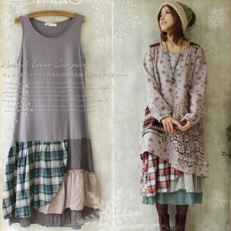 Japońskie kobiety słodki Patchwork sukienka vintage Plaid luźny, w stylu basic Hoho śliczne Kawaii Longo bez rękawów sukienki bez rękawów styl mori girl U129